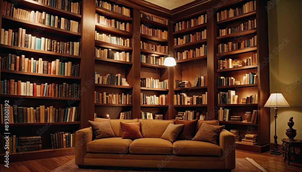 Cozy Living Room with Brown Leather Couch and Bookcase. Cozy Living Room with Brown Leather Couch and Bookcase.