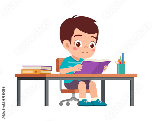 little kid study on desk and feel happy