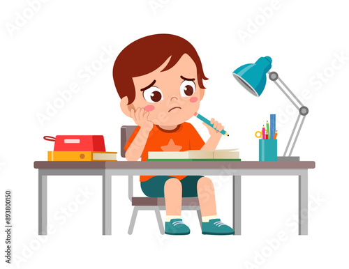 little kid study on desk and feel sad
