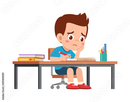 little kid study on desk and feel sad