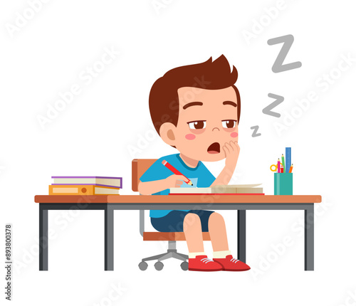 little kid study on desk and feel sleepy