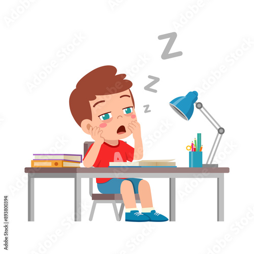 little kid study on desk and feel sleepy