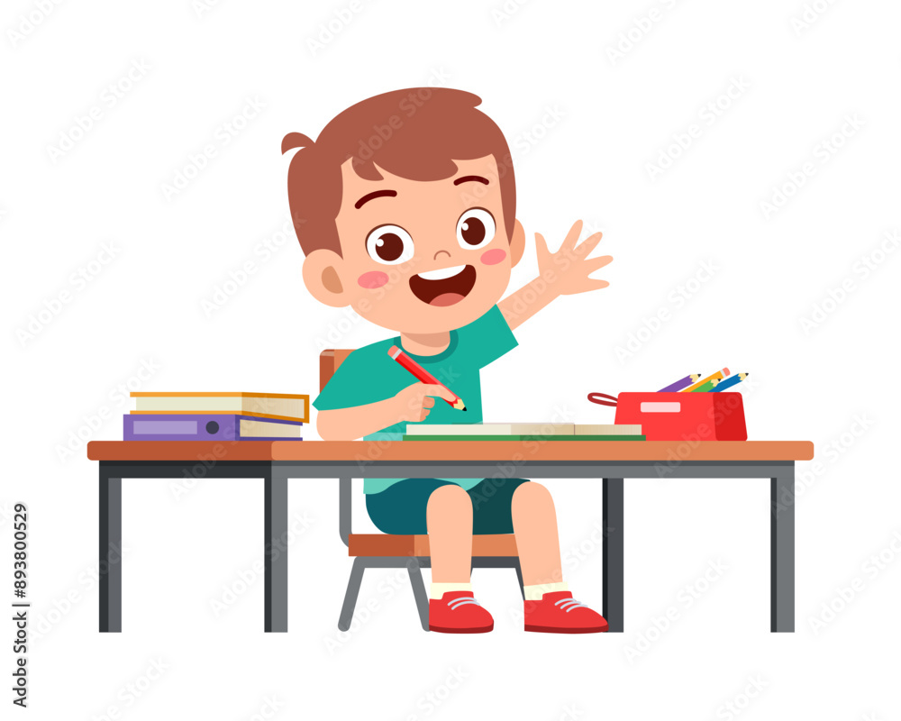 little kid study on desk and raise hand to answer question little kid study on desk and raise hand to answer question