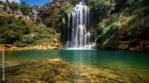 A beautiful waterfall cascading into a clear pool, surrounded by rich vegetation, emphasizing the importance of protecting natural water sources.
