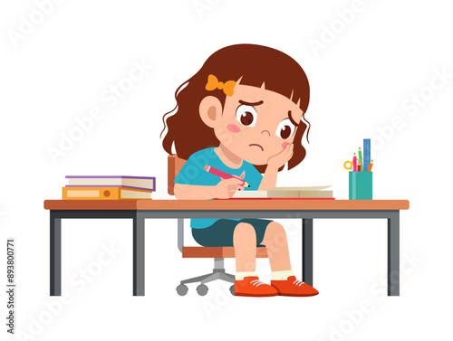 little kid study on desk and feel sad
