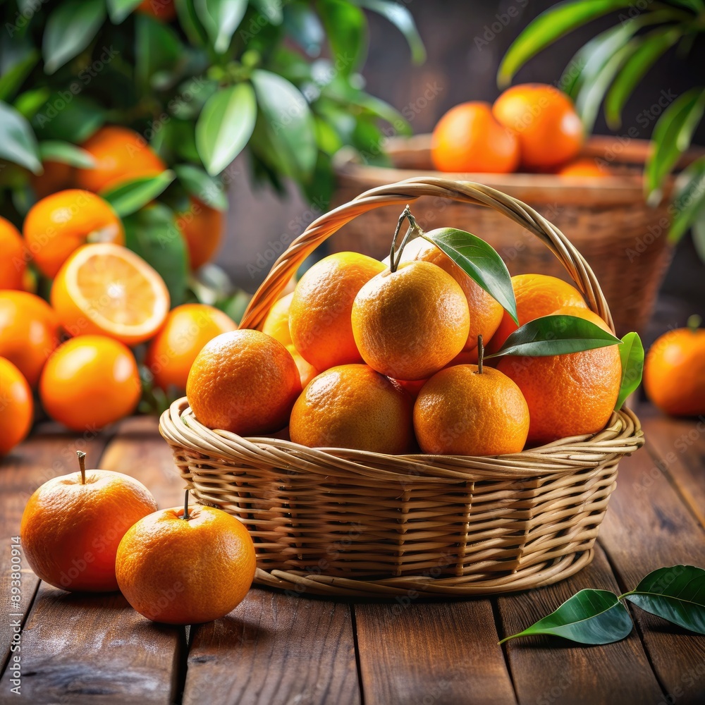Fresh Oranges in a Wicker Basket on a Wooden Table. Generative AI Fresh Oranges in a Wicker Basket on a Wooden Table. Generative AI