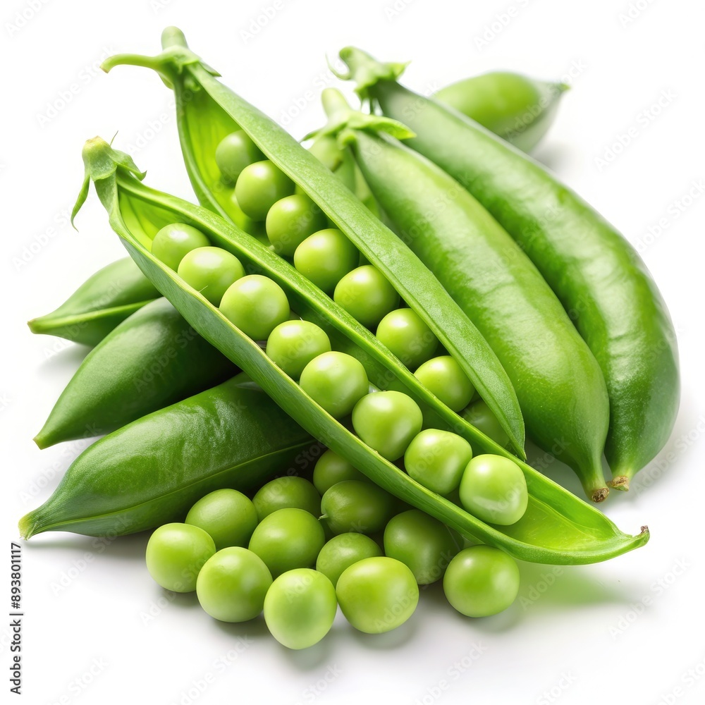 Fresh Green Pea Pods With Peas Scattered on a White Background. Generative AI Fresh Green Pea Pods With Peas Scattered on a White Background. Generative AI