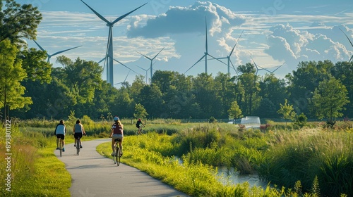 Cyclists Riding Through a Park with Wind Turbines Under a Clear Blue Sky