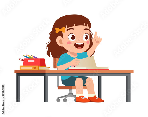 little kid study on desk and raise hand to answer question