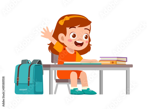 little kid study on desk and raise hand to answer question