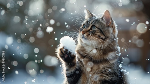 Cat Playing with Snow in Winter photo