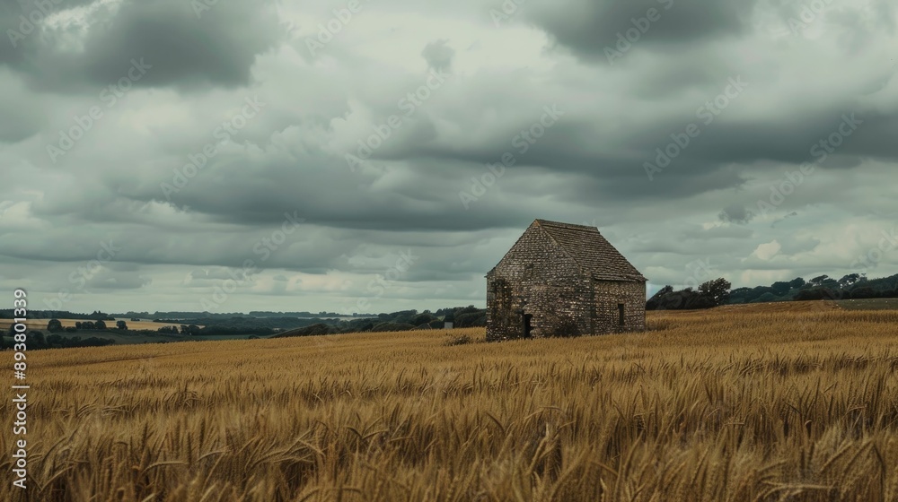 Ancient stone barn amidst vast fields of wheat Ancient stone barn amidst vast fields of wheat