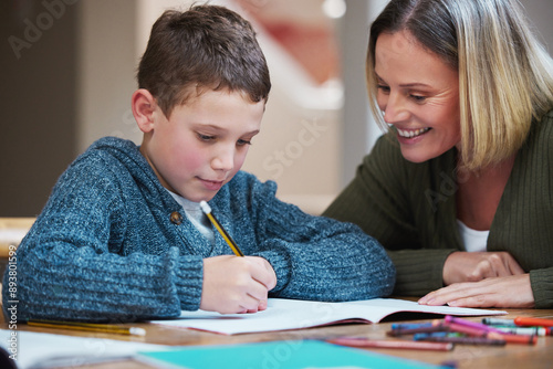 Bilde på lerret Woman, kid and homework with paper on table for learning, knowledge and support in studying