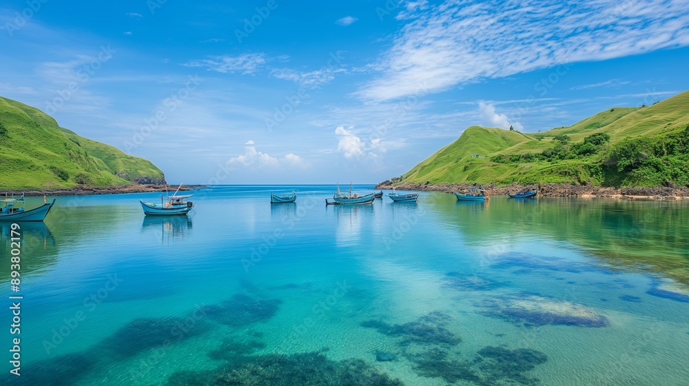 A calm bay with boats anchored on clear blue water, surrounded by green hills, with plenty of sky and water surface for copy space. A calm bay with boats anchored on clear blue water, surrounded by green hills, with plenty of sky and water surface for copy space.