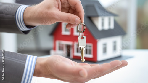 Vertragsabschluss Immobilienkauf mit Schlüsselübergabe Wohneigentum Einfamilienhaus oder Wohnung kaufen Symbolisch Versicherung Hausrat Schlüsselversicherung Generative AI