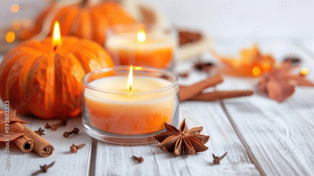 Autumn Decor Pumpkin candles spicy star anise and cinnamon on white wood Warm home ambience Halloween and Thanksgiving theme Minimalistic composition with empty space for extra elements Autumn Decor Pumpkin candles spicy star anise and cinnamon on white wood Warm home ambience Halloween and Thanksgiving theme Minimalistic composition with empty space for extra elements