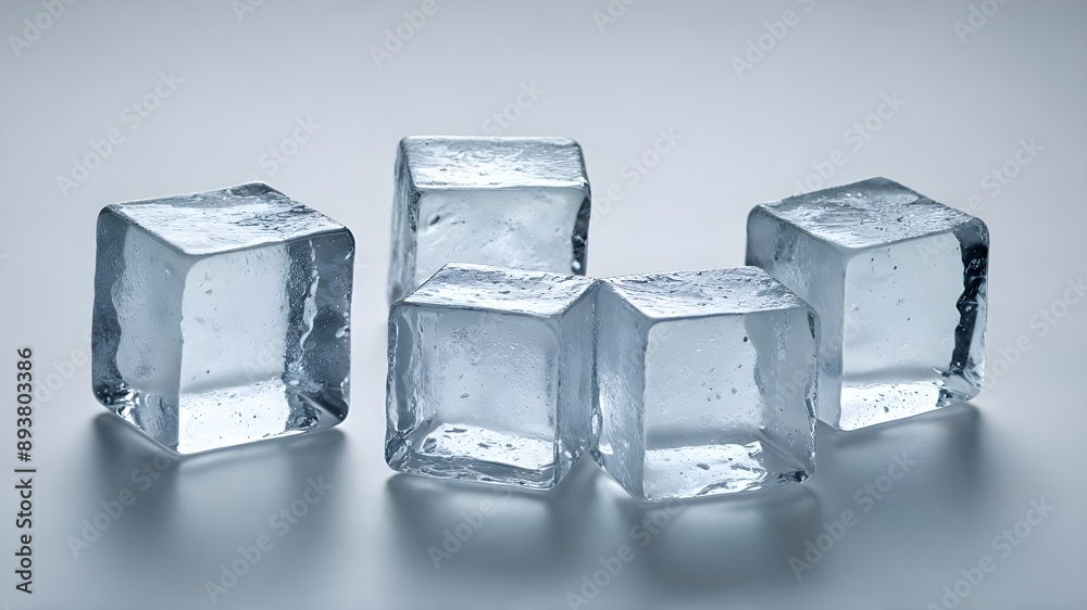 Clear Ice Cubes on White Background – Frosty and Crystalline Ice Photography Clear Ice Cubes on White Background – Frosty and Crystalline Ice Photography