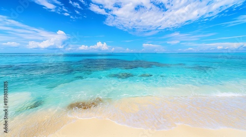 A clean, unpolluted beach with turquoise waters and a variety of marine life, showcasing the benefits of protecting ocean ecosystems.