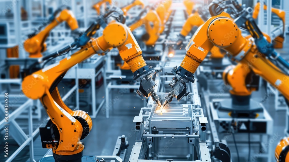 Array of automated welding robots in a car factory Array of automated welding robots in a car factory