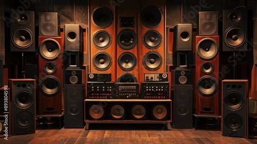 A red speaker sits on a wooden stand in front of a sound board