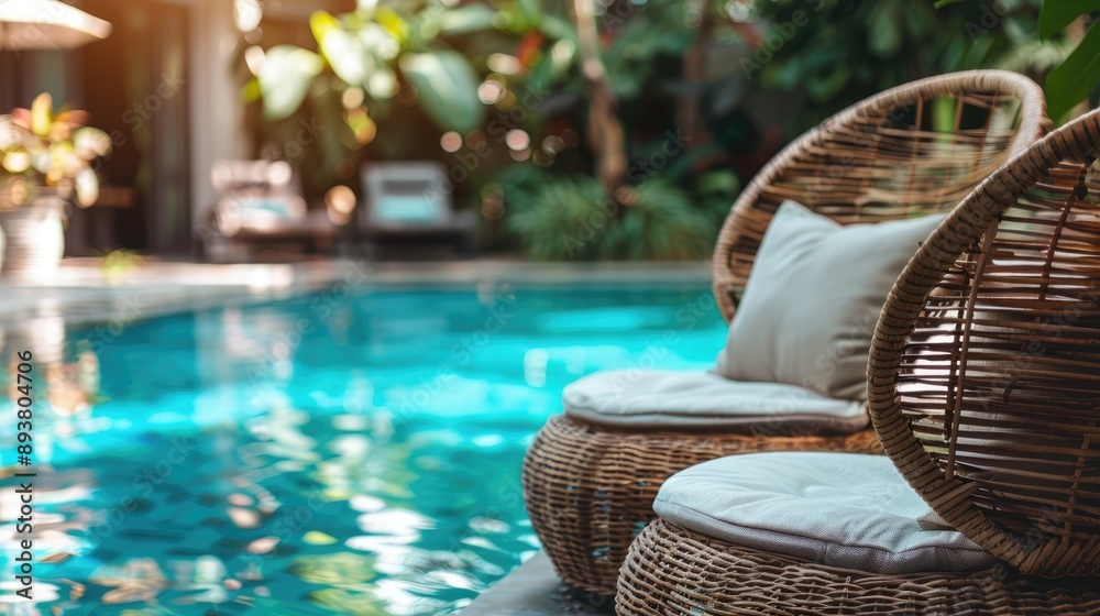 Fototapeta premium Rattan chairs with pillows near pool