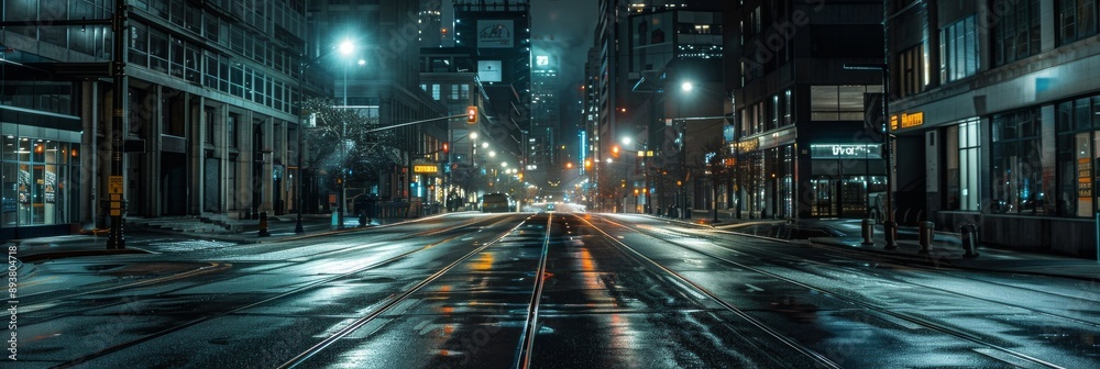 Wide panoramic view of a dark moody empty city center street at night, highlighting a noir concept Wide panoramic view of a dark moody empty city center street at night, highlighting a noir concept
