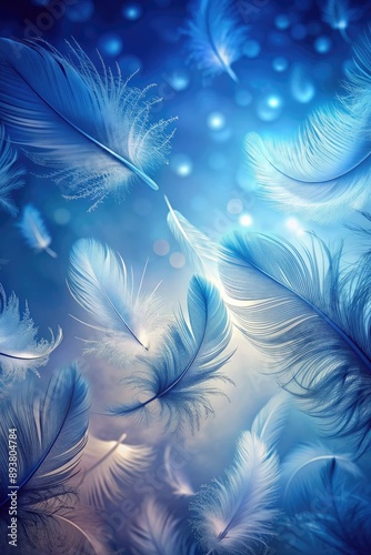 Light blue feathers floating on a blue background.