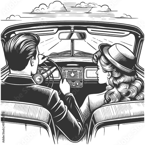 vintage couple driving a classic car, from the backseat with a nostalgic feel sketch engraving generative ai fictional character vector illustration. Scratch board imitation. Black and white image.