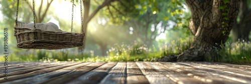 Ultra sharp 3D render of an old wooden terrace featuring a wicker swing hanging from a tree