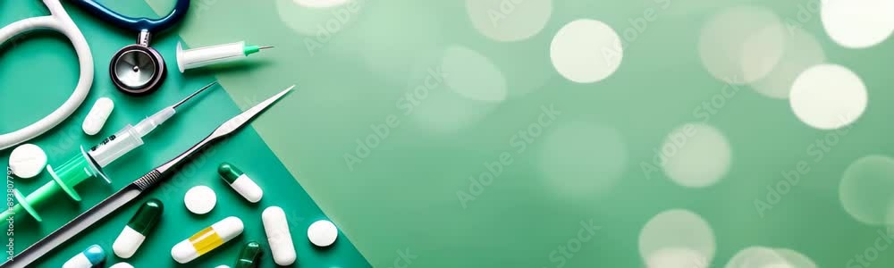 Medical tools, stethoscope, syringe, and various pills, are arranged on a bright green background with a bokeh effect. Medical copy space web banner. Healthcare and medicine concept