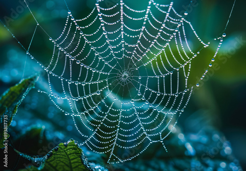 A spider web is shown in a blue and green background photo