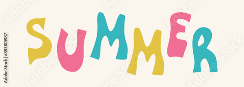 Summer inscription. Colorful wavy font, card or poster with seasonal inscriptions in trendy retro, funky, hippie style. Vector illustration