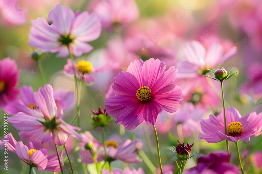 Pink Cosmos Flowers Blooming in Field