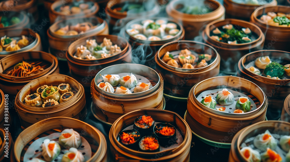Traditional dim sum spread in bamboo steamers Traditional dim sum spread in bamboo steamers