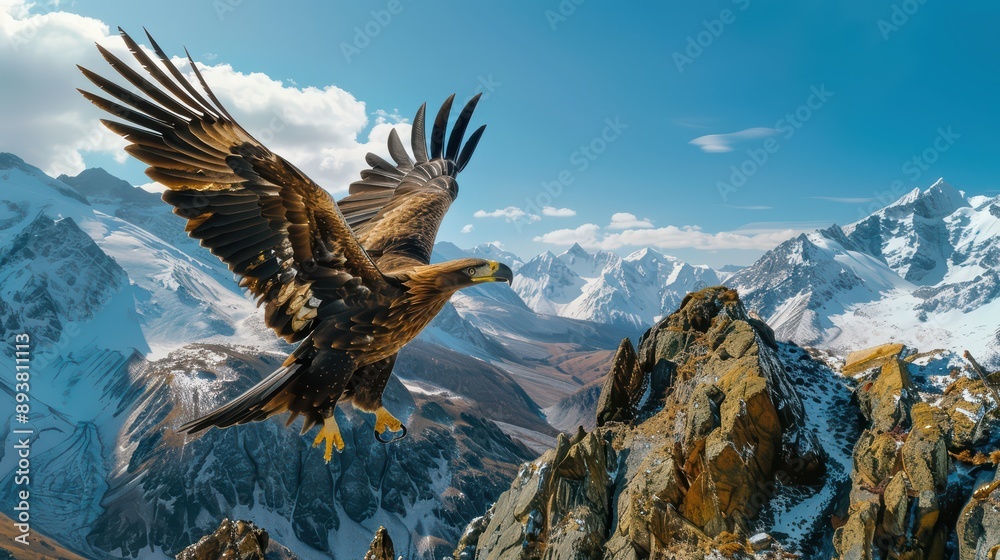 Fototapeta premium A striking photograph of an eagle in mid-flight