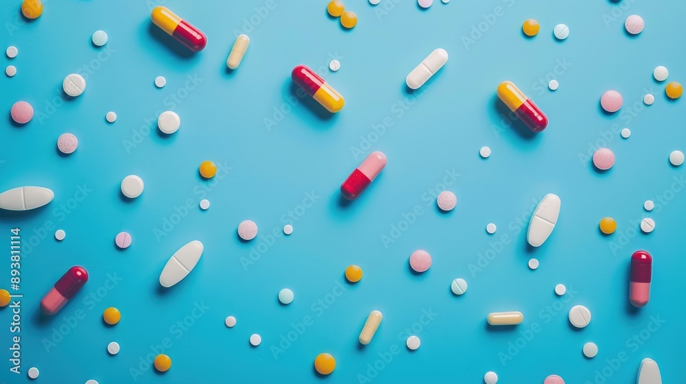 Medication pills and capsules against blue backdrop Medication pills and capsules against blue backdrop