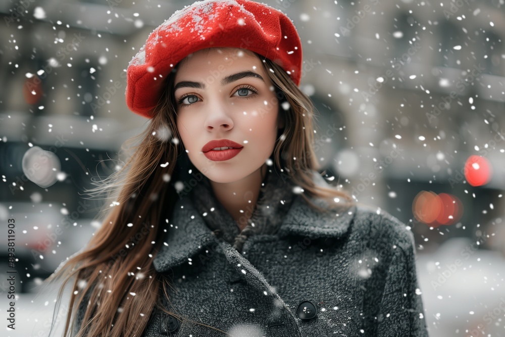 An elegant lady in a red beret epitomizes fashionable sophistication and festive charm in a snowy city, alluring with her chic style against the backdrop of a bustling urban Christmas setting An elegant lady in a red beret epitomizes fashionable sophistication and festive charm in a snowy city, alluring with her chic style against the backdrop of a bustling urban Christmas setting