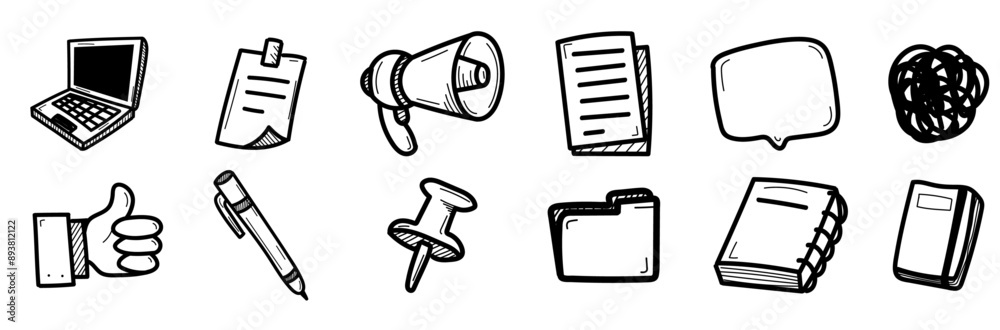 Collection de doodles dessinés à la main sur le thème d'outils de bureautique - Pack de pictogrammes, boutons et illustrations pour illustrer des activités diverses dans l'univers du travail 