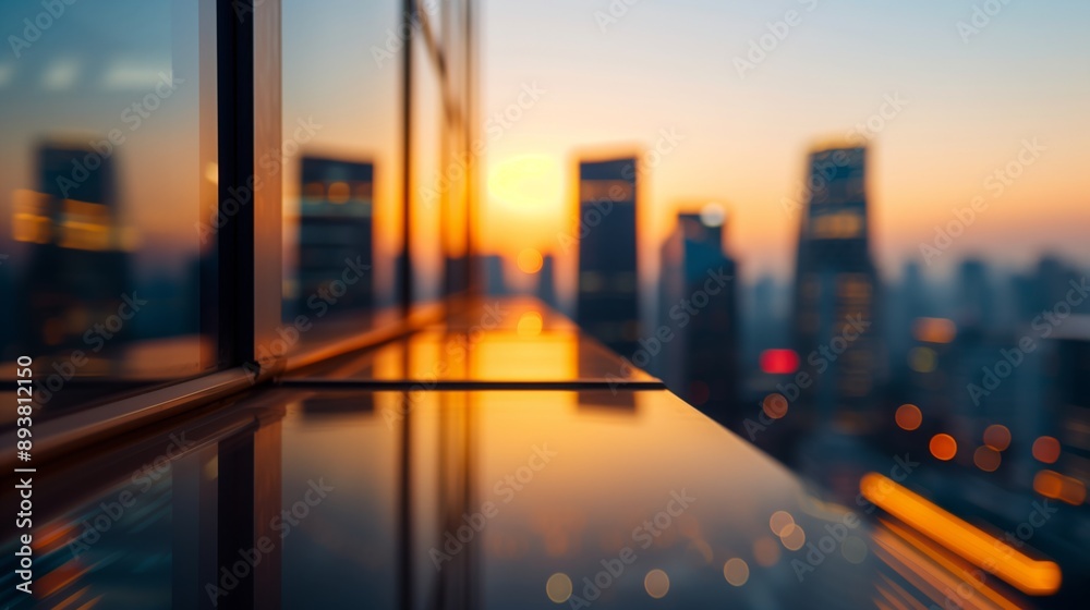 A view of a modern cityscape at sunset from an office building window A view of a modern cityscape at sunset from an office building window
