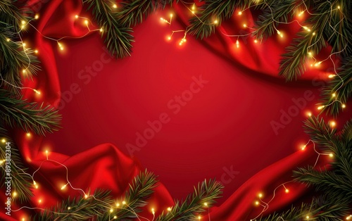 Christmas background with pine tree branches and golden lights on red fabric, festive frame for Christmas card Generative AI © SKIMP Art