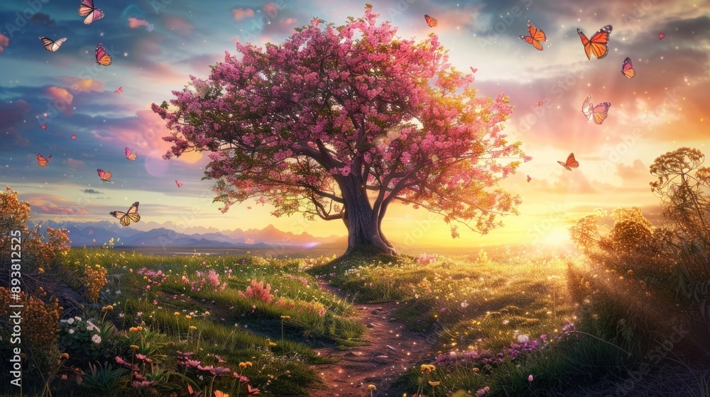 Magical Springtime Sunset with Butterflies