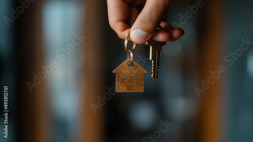 Hand holding keys with house charm against blurred background