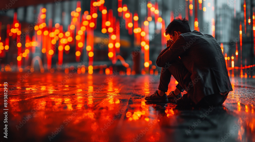 Fototapeta premium Lonely Figure in Urban Glow: A solitary figure sits dejectedly on a wet city street, bathed in the warm glow of urban lights, evoking a sense of isolation and contemplation. 