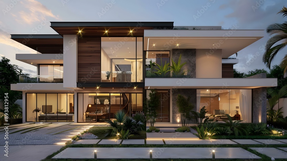 Fototapeta premium Modern Minimalist House Design With Large Windows And A Front Yard