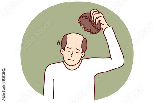 Man takes off wig and experiences stress of baldness caused by health problems or aging. Unhappy adult human with wig in hand needs hair transplant operation or drug to restore hair.