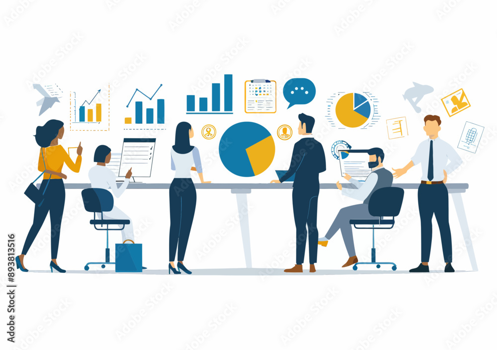 Team Collaborating on Business Strategies and Data Analysis at Office Workstation, Minimalist Vector Illustration Depicting Professional Graphs, Charts, and Icons for Corporate Presentation Team Collaborating on Business Strategies and Data Analysis at Office Workstation, Minimalist Vector Illustration Depicting Professional Graphs, Charts, and Icons for Corporate Presentation