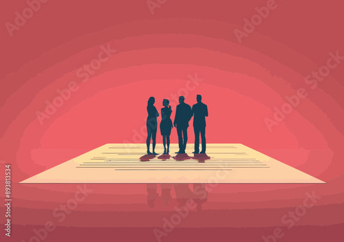 Business People Standing on Signed Contract Agreement Concept Minimalistic Vector Illustration in Red Background for Partnership and Deal Collaboration