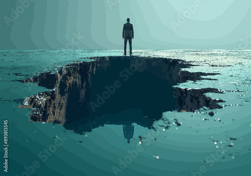 Businessman Facing a Vast Hole Symbolizing Challenges and Obstacles in Career, Minimalistic Vector Art Illustration, Manager Examining Problems, Surreal Landscape, Concept of Failure and Crisis