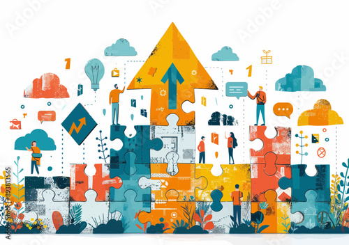 Team Building Puzzle Concept: Collaborative Effort to Success with Rising Arrow Illustration, Vector Graphic Representing Growth, Teamwork, and Business Strategy