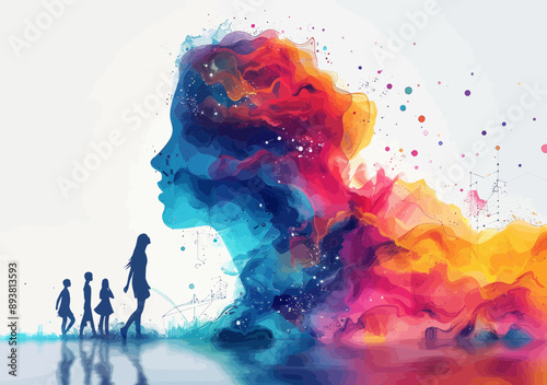 Colorful Knowledge Stream in Education: Teacher Silhouette with Science Elements and Pupils, Learning Creativity Concept, Minimalistic Illustration